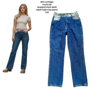 90'S VINTAGE‎ MOM HIGH RISE LEOPARD ROUTE 66 DARK WASH JEANS 7/8 EUC